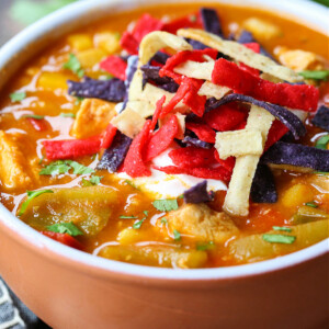chicken fajita soup with tortilla strips as garnish