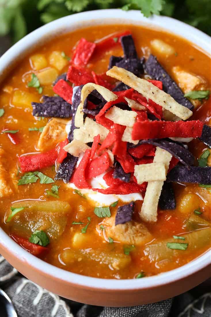 Chicken Fajita Soup in a bowl with tortilla chips