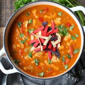 Creamy Chicken Fajita Soup in a pot with cilantro and tortilla strips