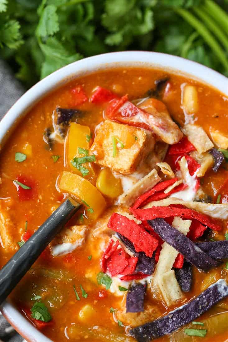 Chicken Fajita Soup recipe with spoon in bowl