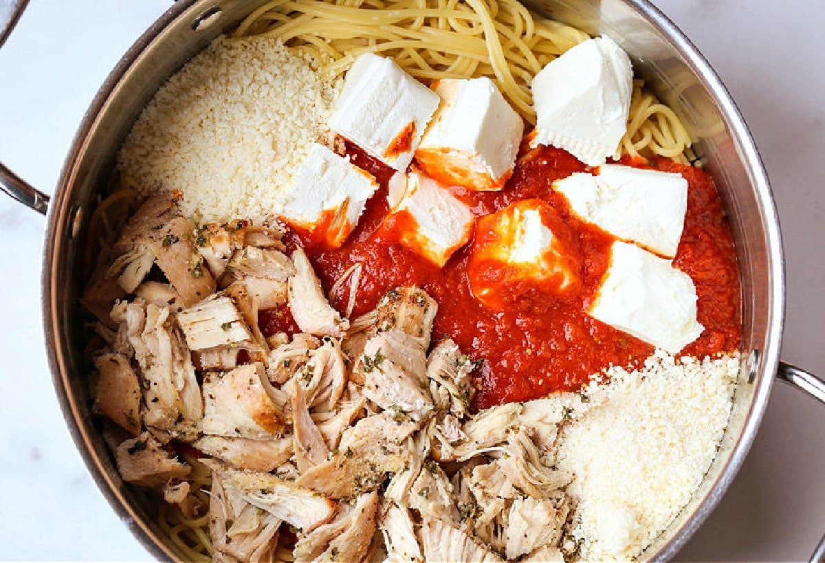 ingredients in a pot to make chicken spaghetti