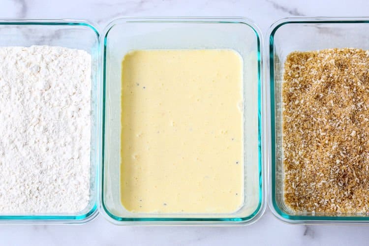 Flour, eggs and bread crumbs for breaded chicken cutlets