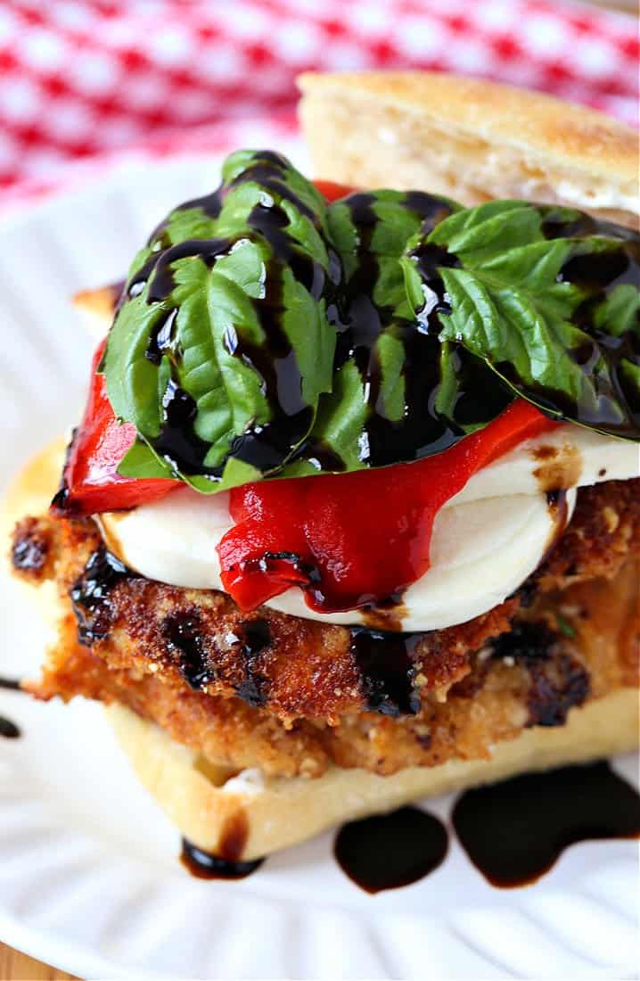 Crispy chicken sandwich with balsamic glaze drizzled on top