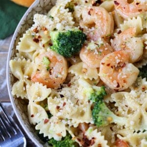 Shrimp and broccoli pasta in a bowl