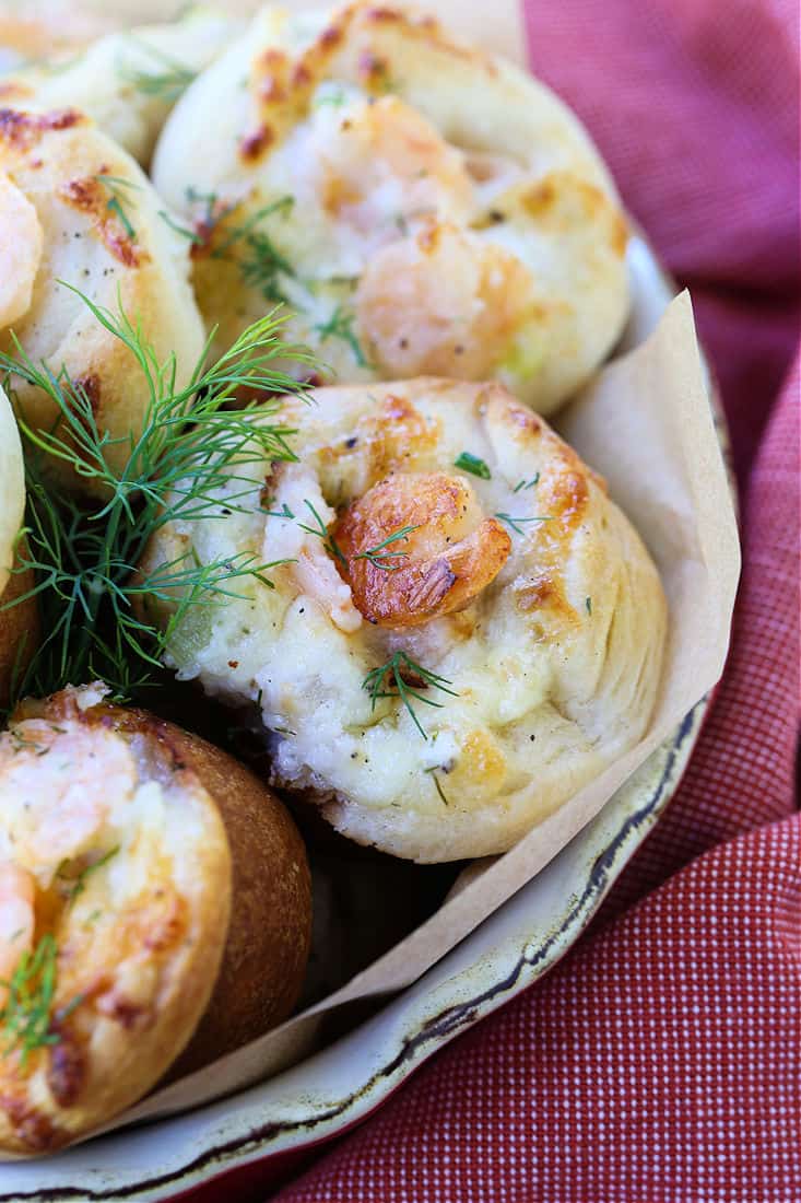 Shrimp Puffs in a serving bowl with a red napkin