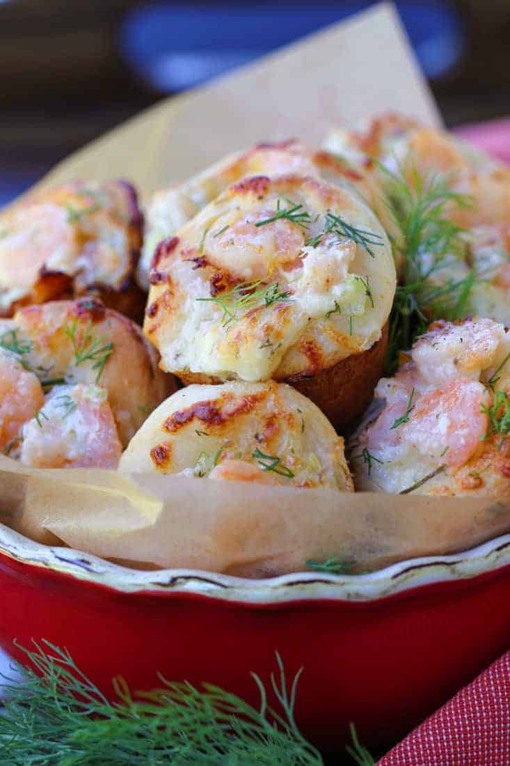 Shrimp Puffs in a bowl with fresh dill