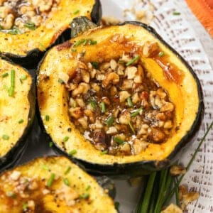 Acorn squash roasted and filled with brown sugar, walnuts and butter.