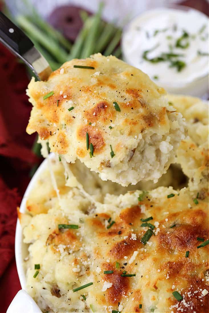 Potato casserole on a serving spoon