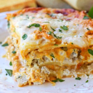 slice of pumpkin lasagna on a white plate