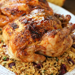 roasted cornish hen on bed of rice pilaf with cranberries