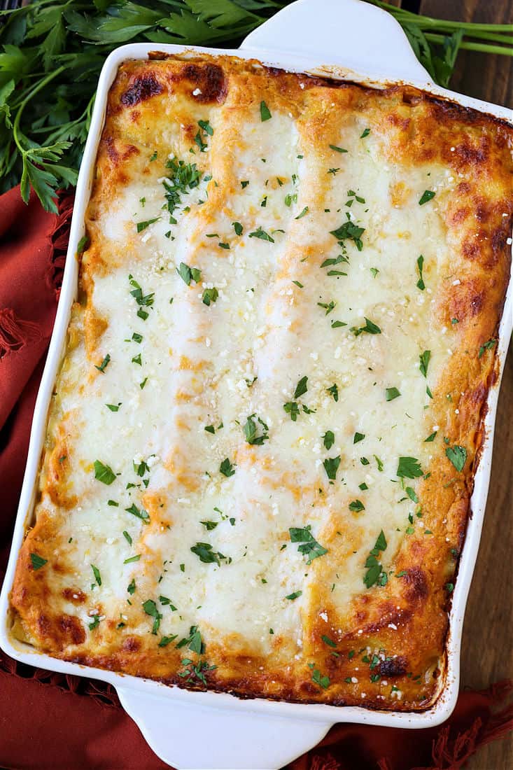 Turkey Lasagna with Pumpkin Alfredo in a baking dish