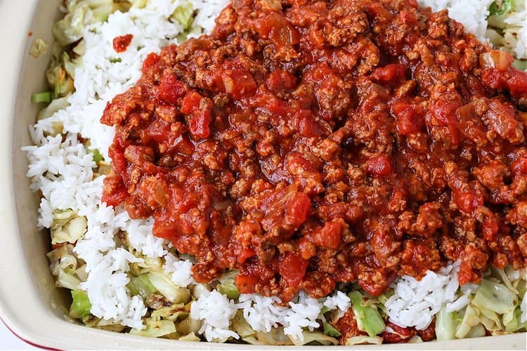 This Cabbage Roll Casserole is a comforting, easy to make dinner recipe! All your favorite cabbage roll ingredients in a delicious, easy casserole! Cabbage Roll Casserole before cooking