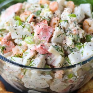seafood salad in a clear glass bowl