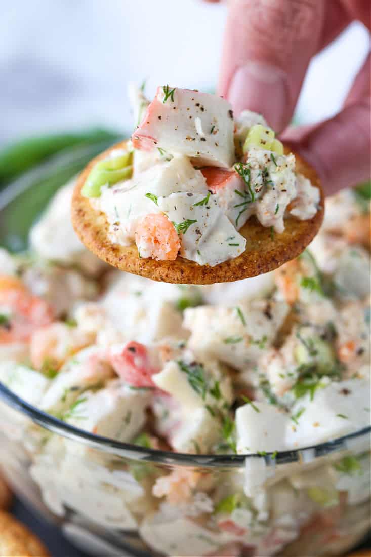 seafood salad on a cracker