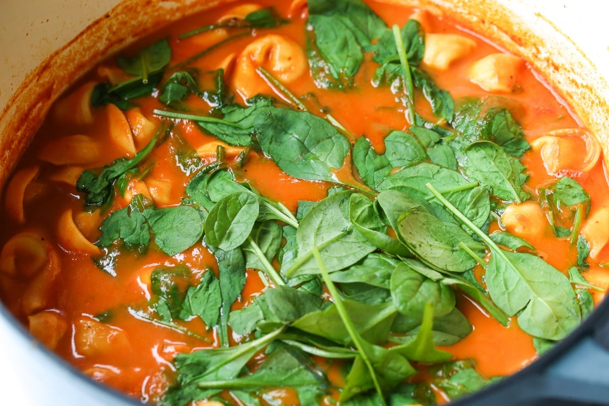 Our Creamy Tomato Tortellini Soup is one of our favorite soup recipes. So hearty and comforting and it's ready in just 30 minutes! tomato soup in a pot with fresh spinach