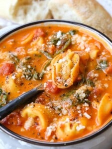 Creamy tomato soup with fresh tortellini and spinach