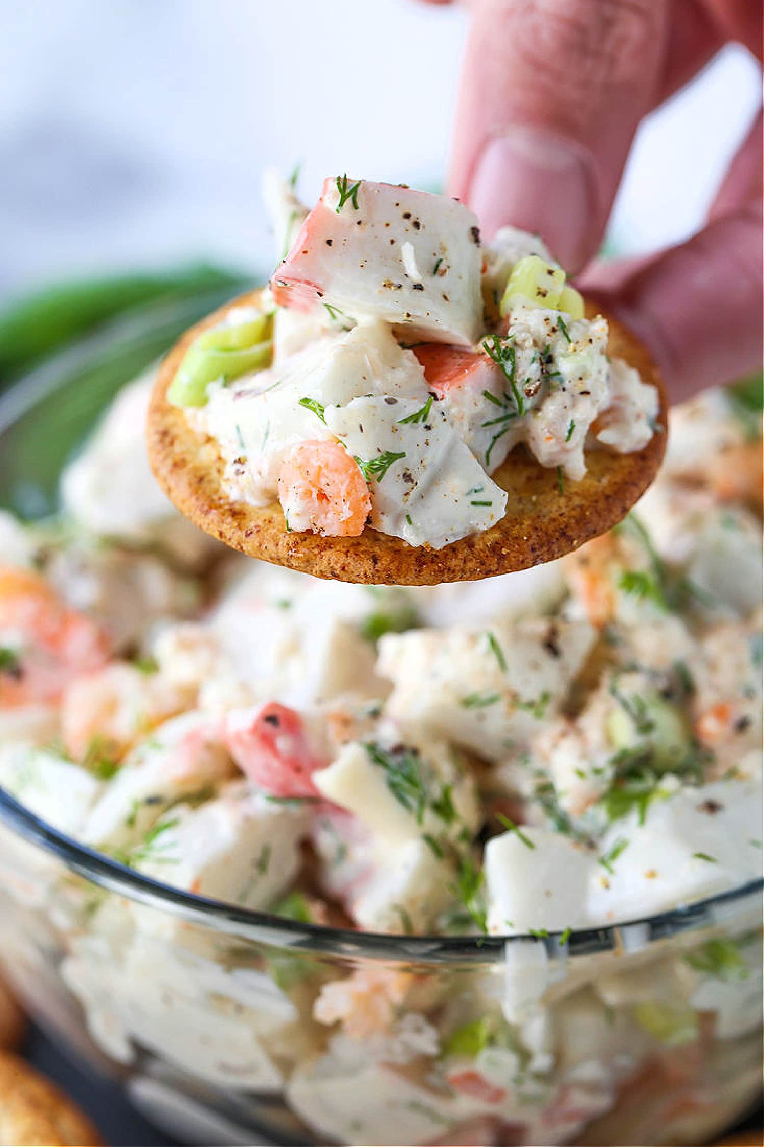 seafood salad on cracker