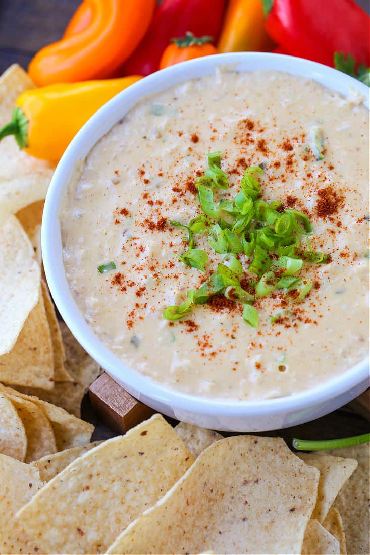 Hot Crab Dip with Tex-Mex flavors in a bowl with chips