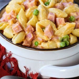 Macaroni and cheese with ham in a white bowl