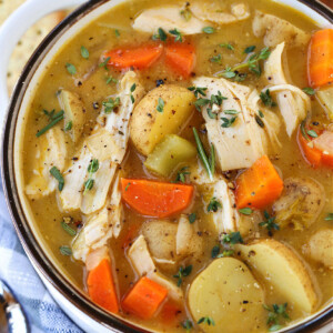 chicken stew in white bowl with spoon