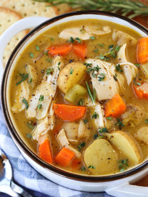 chicken stew in white bowl with spoon
