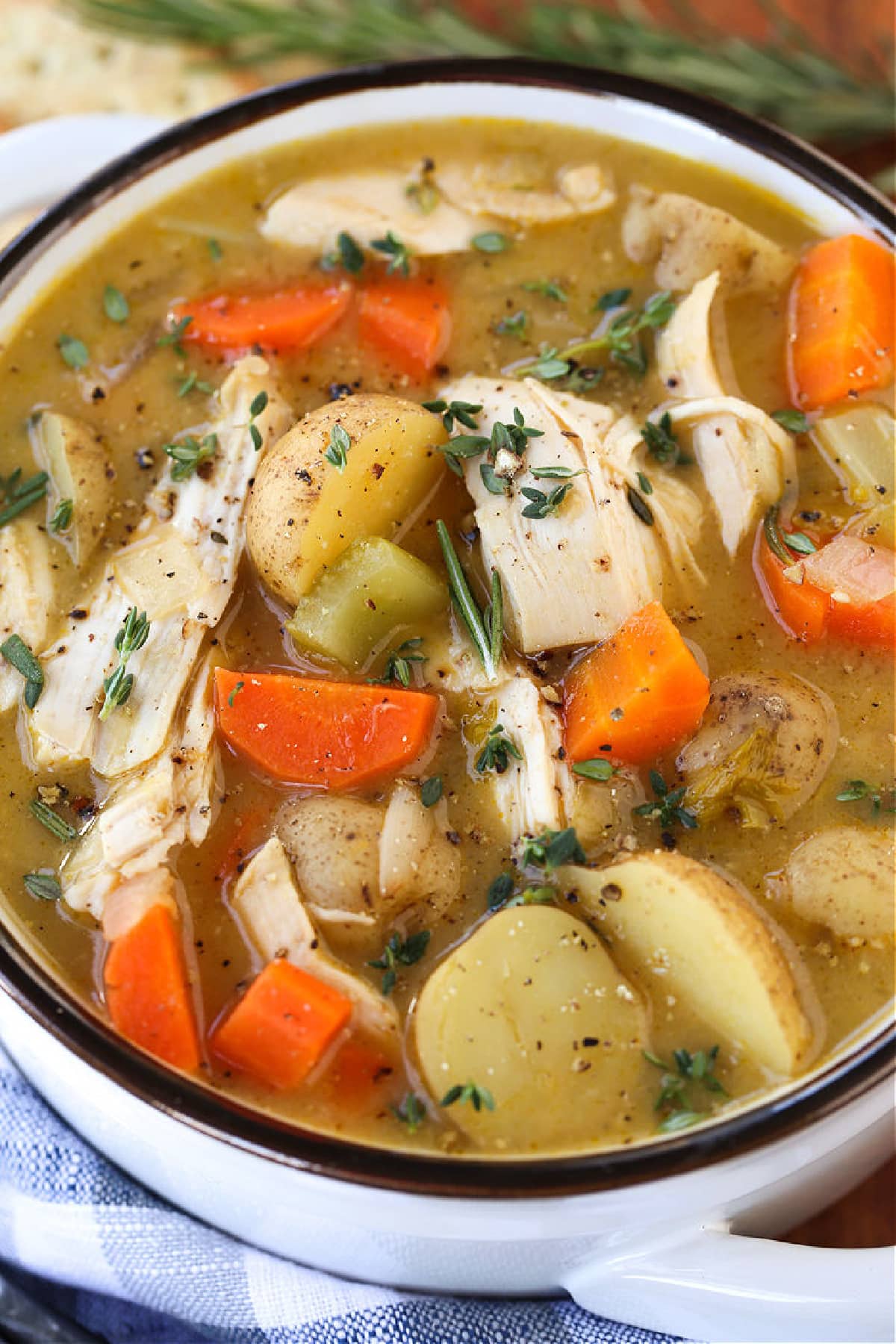 Comforting Chicken Stew is always a dinner favorite. Tender, poached chicken with fresh herbs and hearty vegetables in a light, creamy broth! close up of chicken stew with hearty vegetables