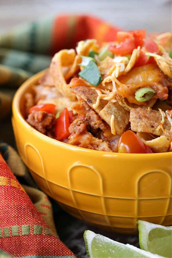 Beef casserole with Frito chips and cheese