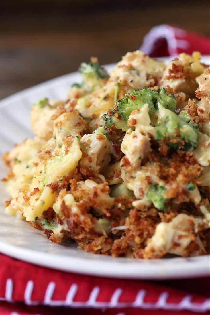 Chicken and broccoli casserole on a plate with bread crumbs