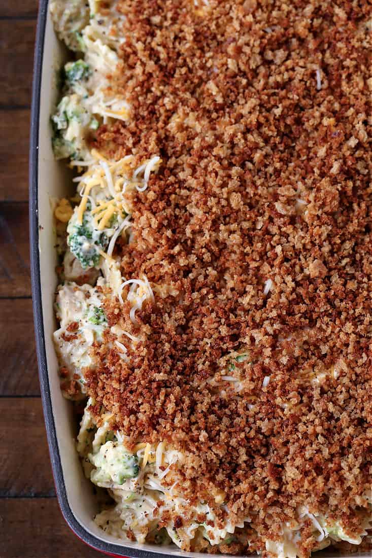 Toasted bread crumbs on top of a chicken casserole