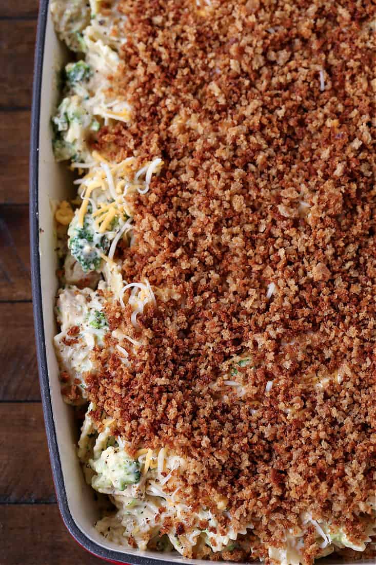 Toasted bread crumbs on top of a chicken casserole