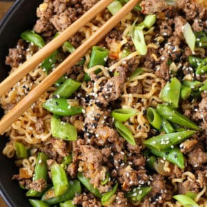 Ground Beef Ramen Bowls in a black bowl with chopsticks