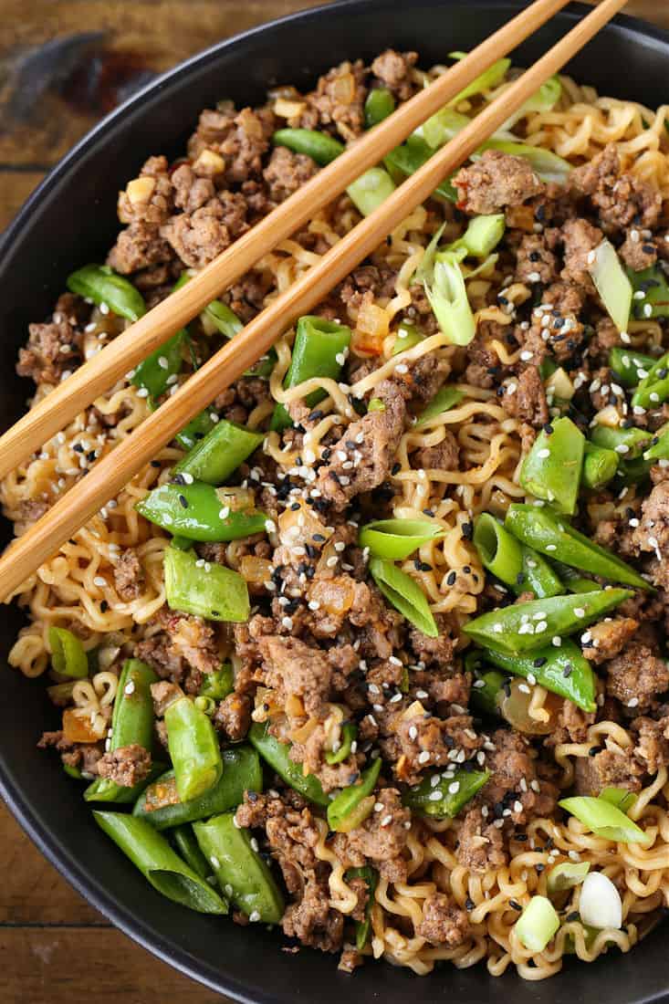 Ground Beef Ramen Bowls in a black bowl with chopsticks