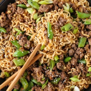 Ramen noodle bowl with ground beef and sugar snap peas