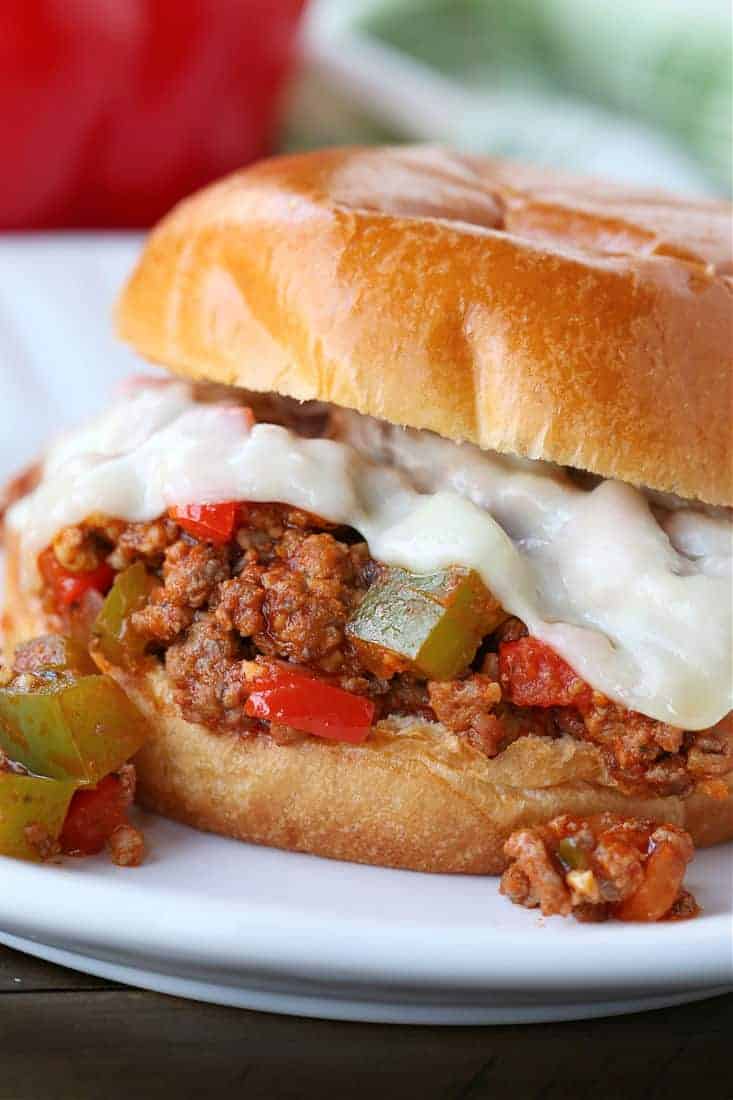 Italian Sloppy Joes with melted mozzarella cheese on a bun