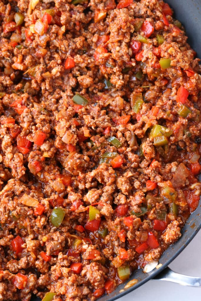 ground beef, peppers and onions with marinara sauce
