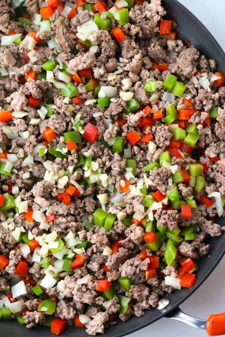 ground beef, pork, peppers and onions to make sloppy joe recipe