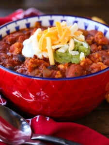 chicken chili in a bowl with toppings