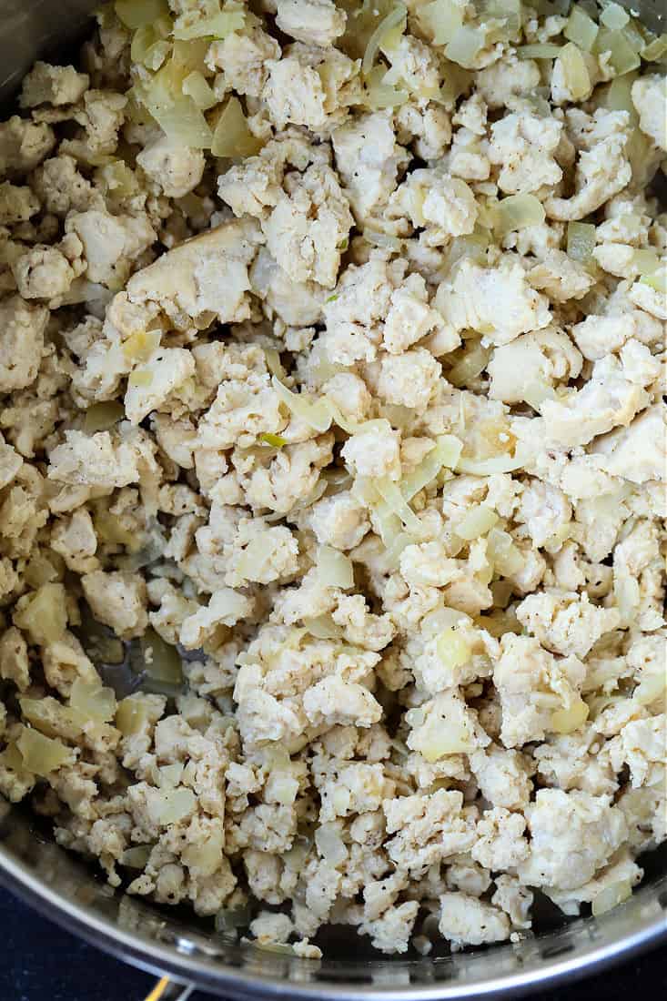 ground chicken in a pot for making chicken chili