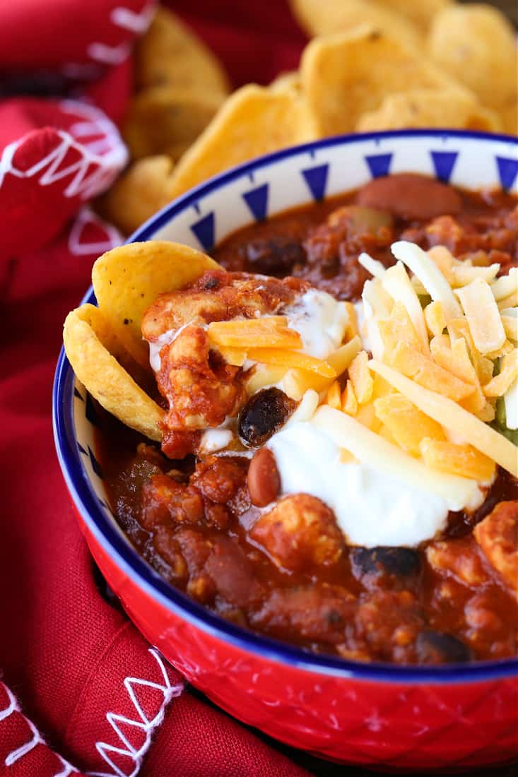 Chicken Chili with chips on the side for dipping