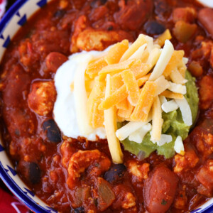chicken chili in a bowl from the top