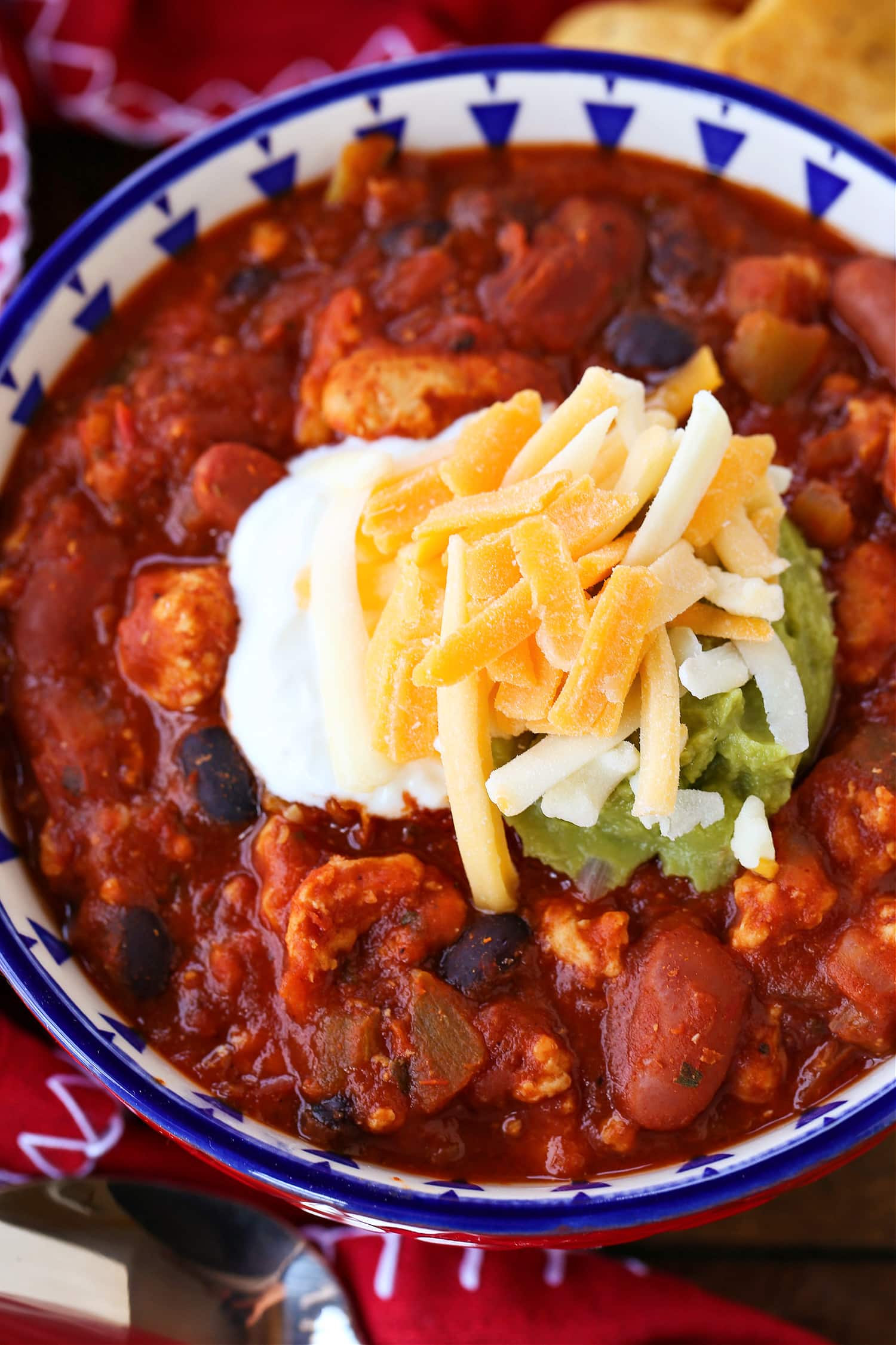 chicken chili in a bowl from the top