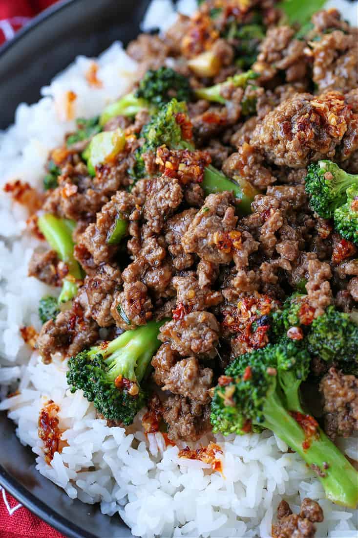 Ground Beef and Broccoli on white rice