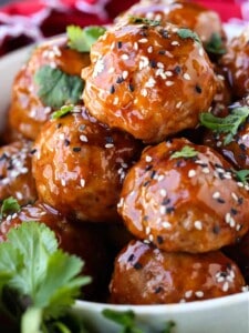 Teriyaki Meatballs on a bowl with cilantro