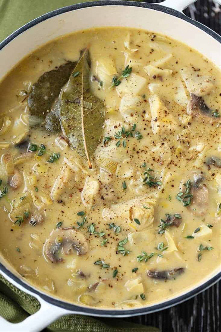 Artichoke and parsnip soup recipe in a pot