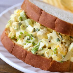 Egg salad sandwich on a white plate