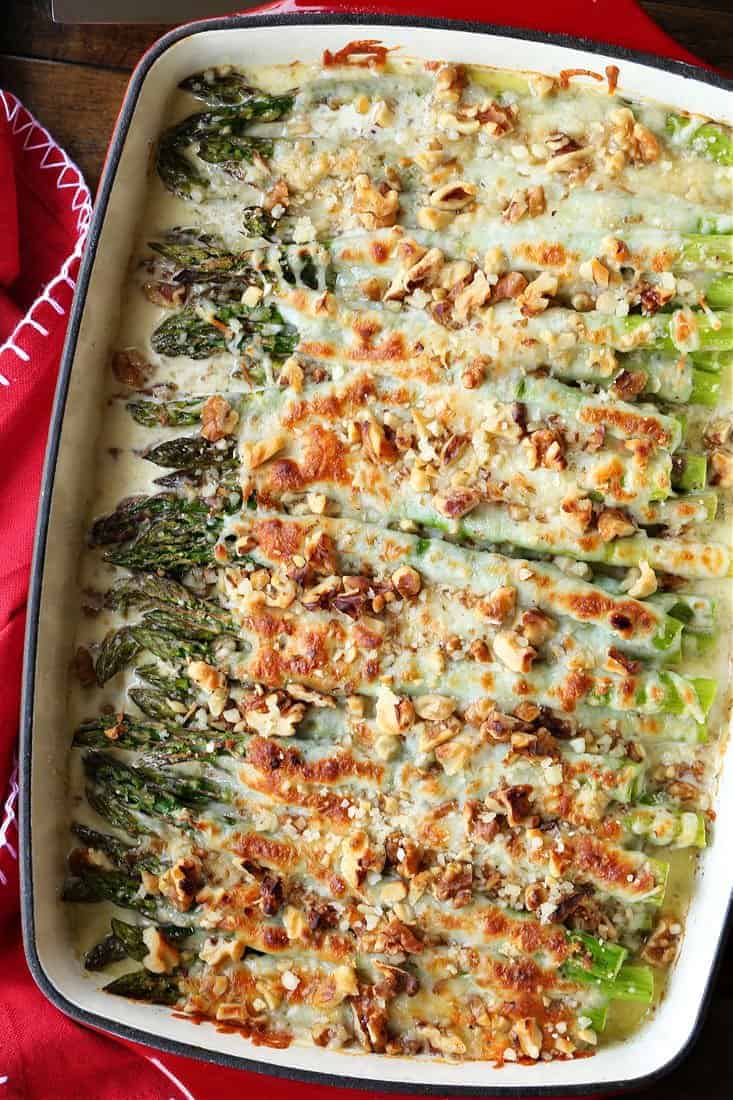 Cheesy Roasted Asparagus in a baking dish