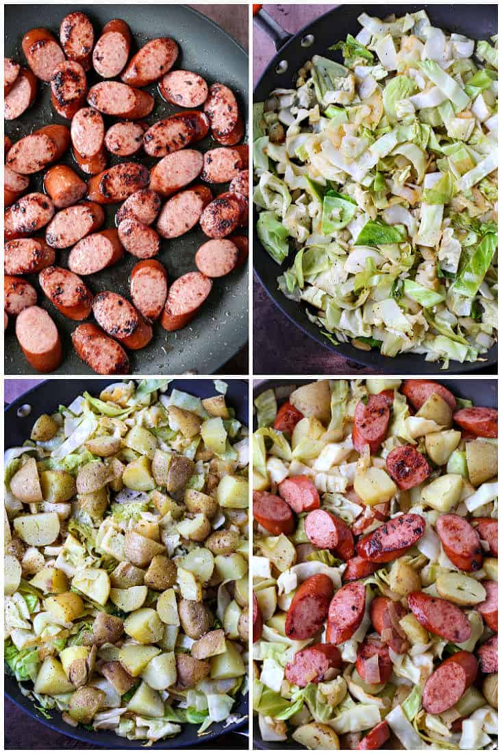 Collage of process pictures to make a kielbasa and cabbage dinner