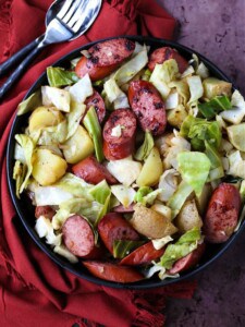 Kielbasa dinner with cabbage, potatoes and onions