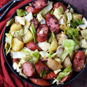 Kielbasa dinner with cabbage, potatoes and onions