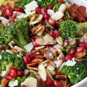 Broccoli Salad in a white bowl.